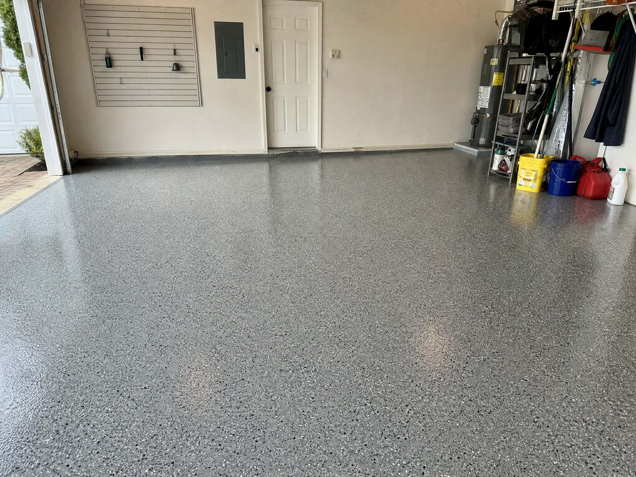 Completed commercial epoxy flooring showing professional quality workmanship in a American home