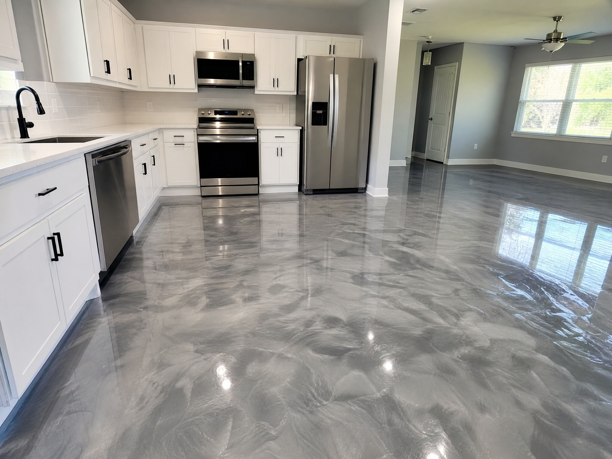Completed kitchen & interior epoxy floors showing professional quality workmanship in a American home