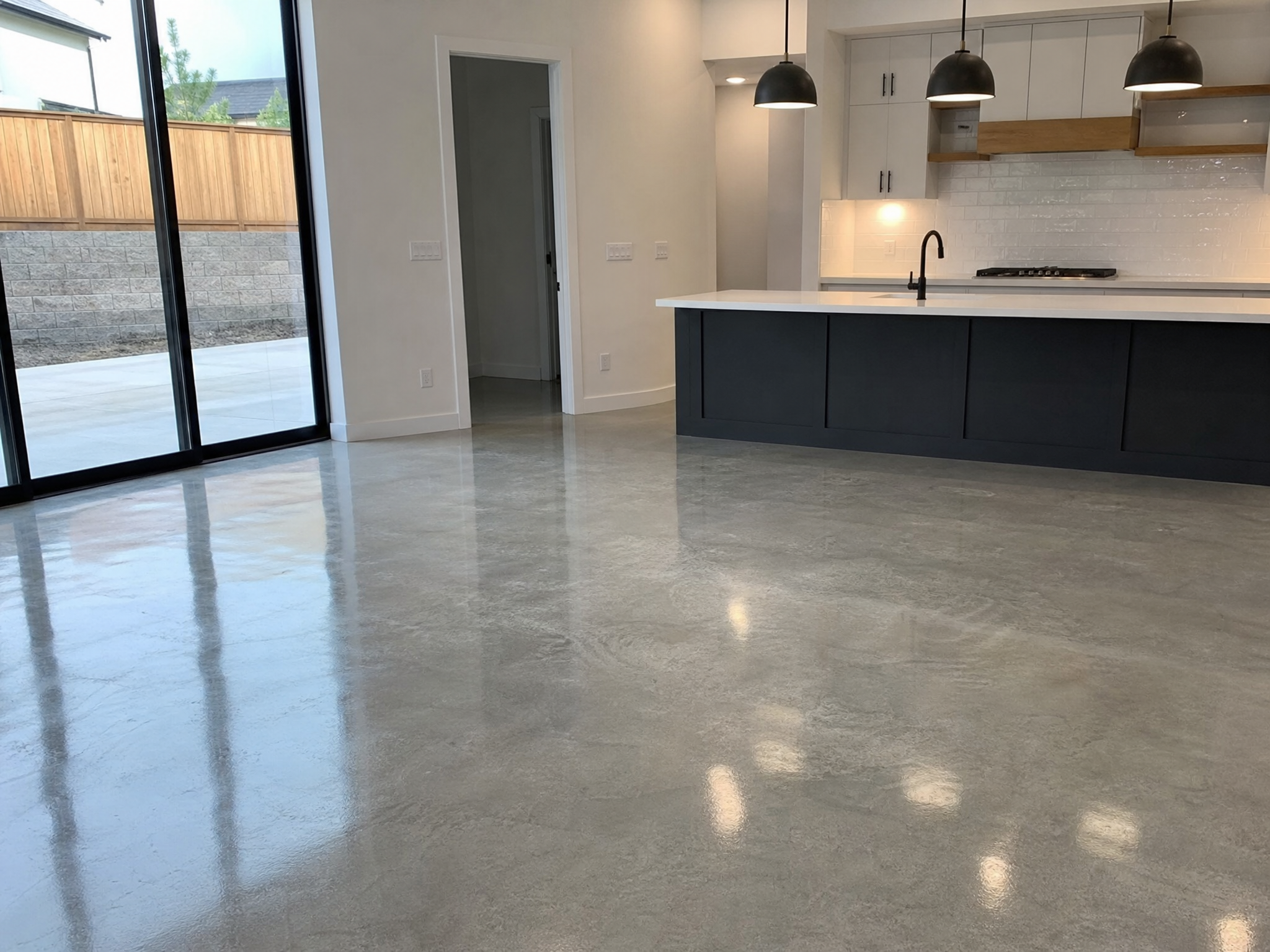 Completed polished concrete floors showing professional quality workmanship in a American home